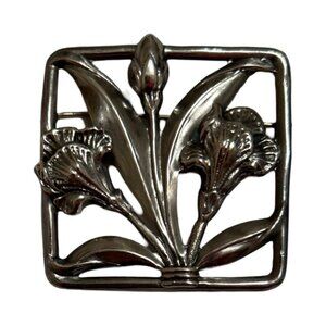 Vintage Pewter Art Deco Style Flower Brooch Pin
